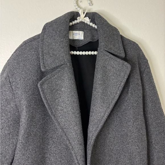 Zara Women Gray Felt Texture Short Open Peacoat - Picture 11 of 12